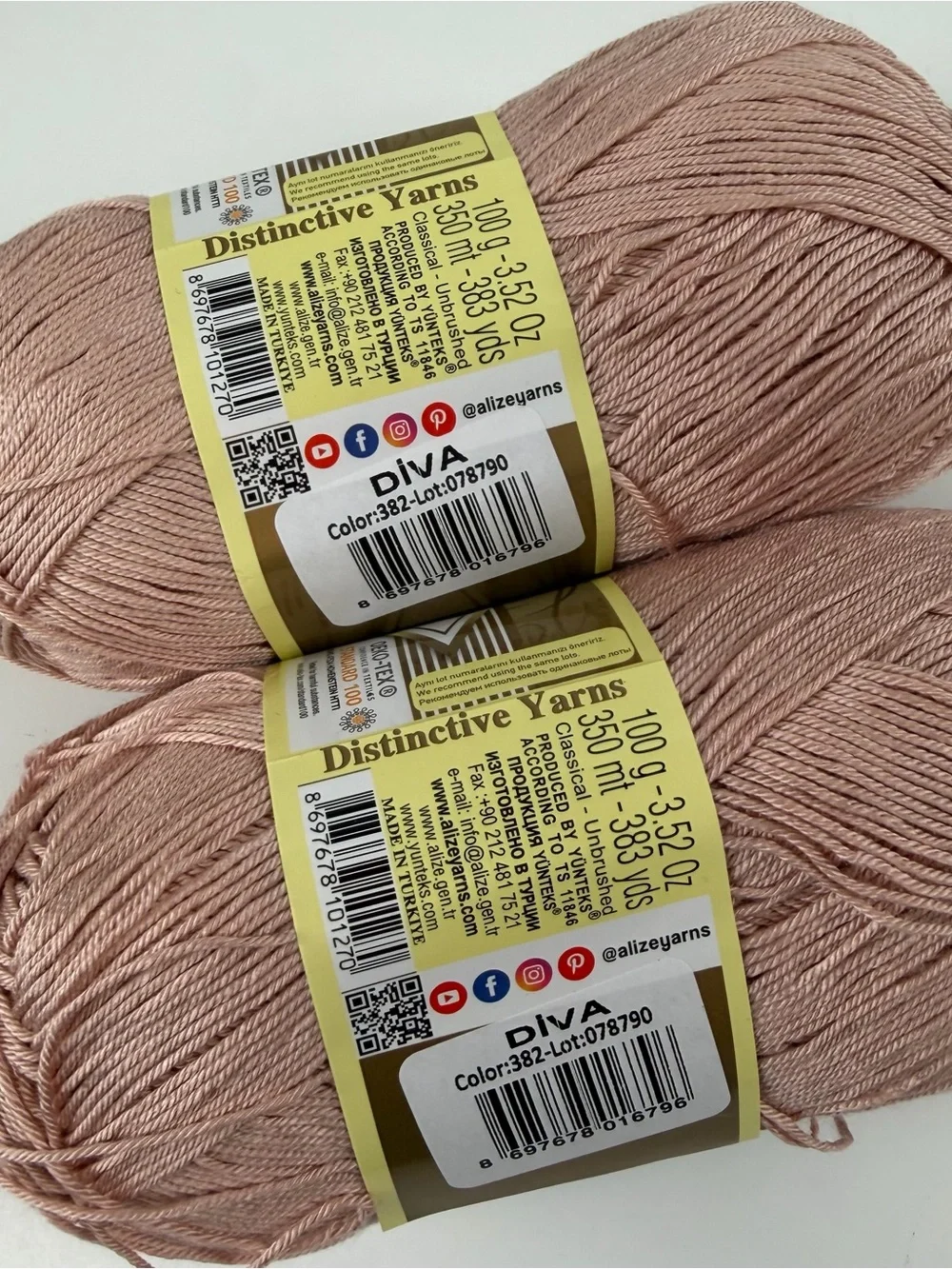 Alize Diva Yarn Silky Effect Lot of 2 Skeins 382 Powder 383 Yards 100g NWT